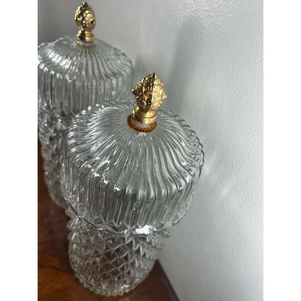 Vintage‎ Lamp Shades Diamond Point Glass Mid Century Clear Gold Finial Pair 12